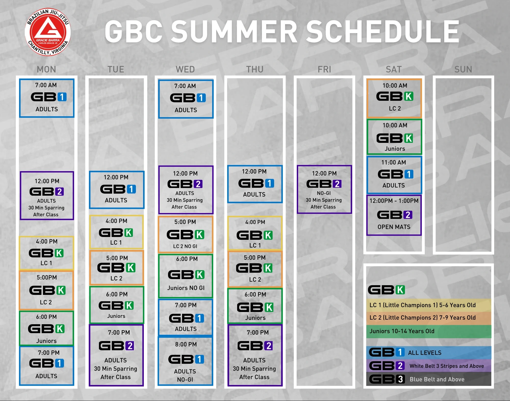 Gracie Barra Chantilly summer class schedule for adults and children, Monday through Saturday. Select the timetable to enlarge.
